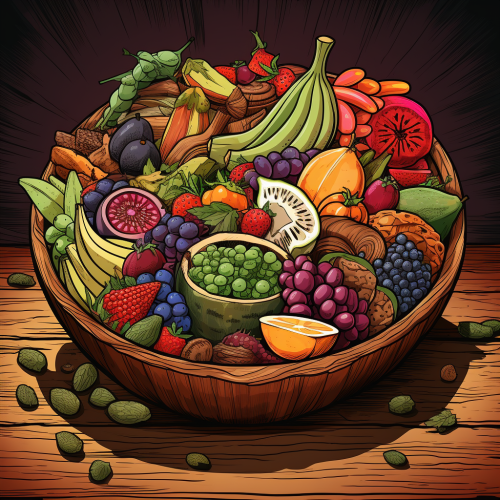 Exotic fruits in wooden bowl illustration Exotic fruits in wooden bowl illustration