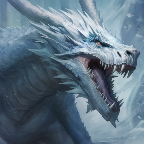 Frozen fantasy ice dragon roaring in blizzard