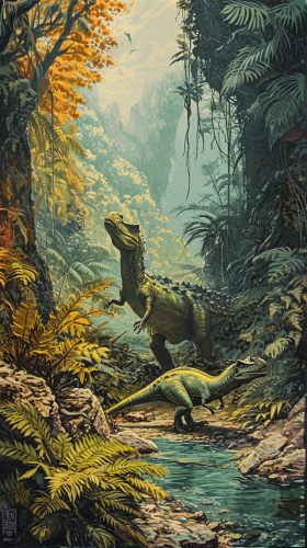 Surrealistic depiction of dinosaurs in nature
