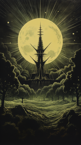 Dark fantasy spaceship sailing over long grass