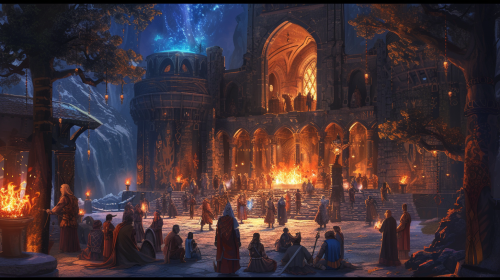Fantasy amphitheater with fire artists and elf people