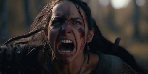 Fearless barbarian woman lunging towards Pandora's Box