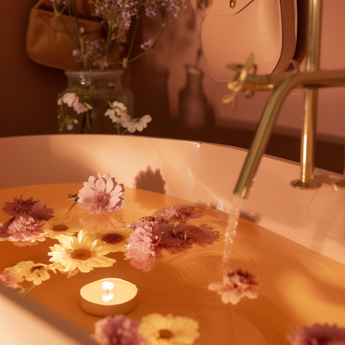 Fashion serum floating in bathtub with flowers