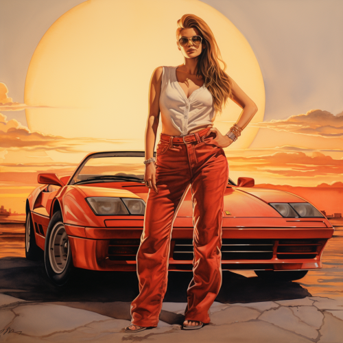 Enigmatic woman with red Ferrari Testarossa at sunset