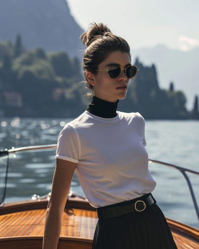 Stylish woman on boat in Lake Como