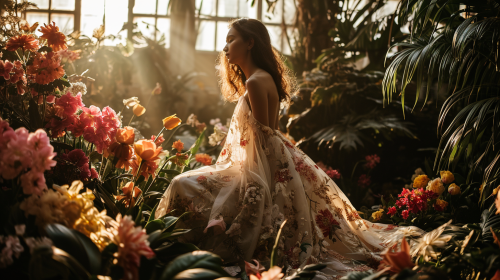 Hispanic female model in ethereal gown among flowers Hispanic female model in ethereal gown among flowers