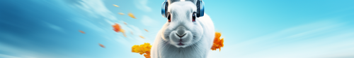 White Rabbit wearing headphones in motion
