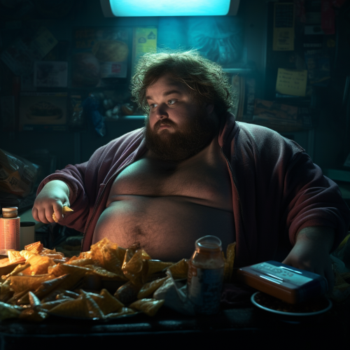 Image of a Funny Fat Guy with Neck Beard Smoking Cigarette and Eating Cheetos