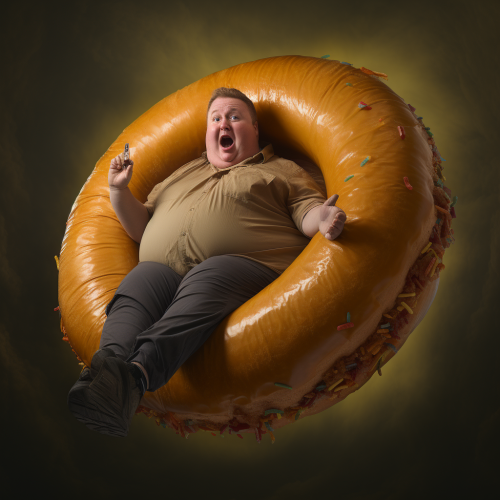 Fat male floating in bagel safety ring