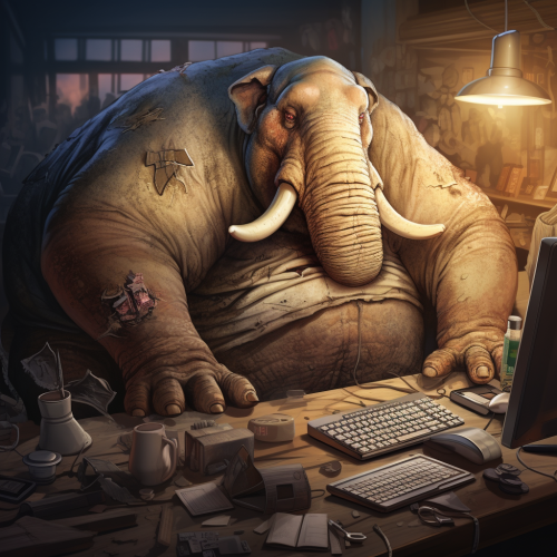 Miserable fat software engineer leaning on elephant bones Miserable fat software engineer leaning on elephant bones