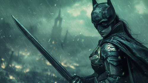 Female Batman in Armor with Long Sword on Battlefield Female Batman in Armor with Long Sword on Battlefield