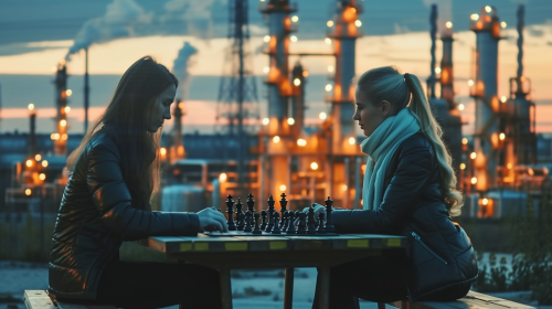 Female computer hackers playing chess at petrochemical facility