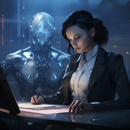 Female cyborg operating cyberpunk control counsel