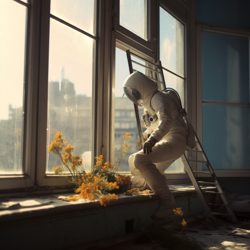 Female Polish cosmonaut cleaning windows - MidJourney Prompt
