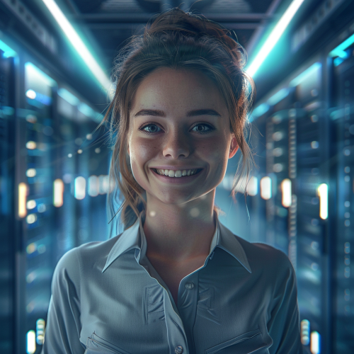 Professional female in data center smiling