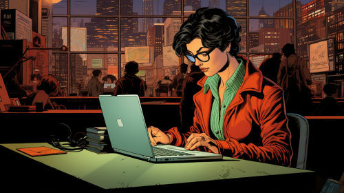 Female professor working on laptop in book-lined office