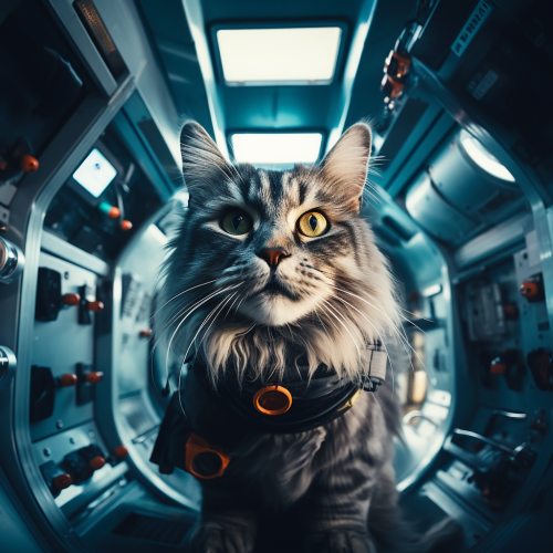 A gray cat in a spaceship shelter