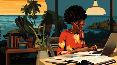 Female professor using laptop in book-lined office