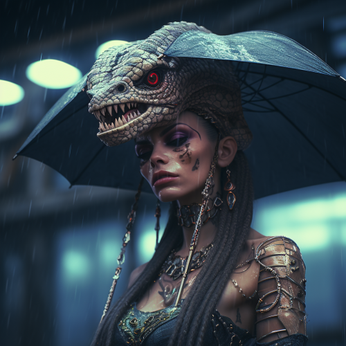 Feminine snake head in gritty cyberpunk rain