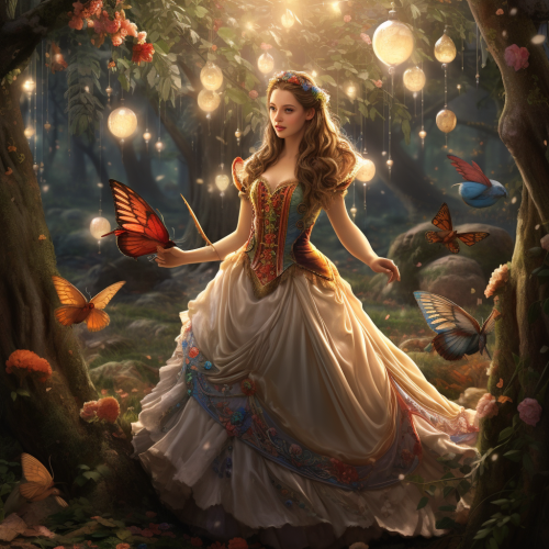 Princess in enchanted forest with animals and fairies Princess in enchanted forest with animals and fairies