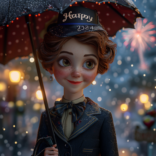 Festive Mary Poppins with Happy 2024 fireworks snow