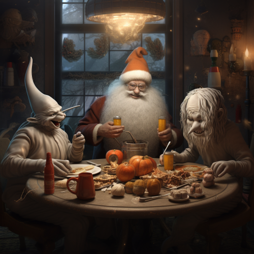 Santa, bunny, fairy, and king having lunch