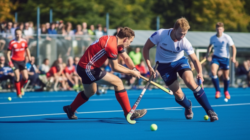 Field hockey game image with two players, one in blue and the other in red