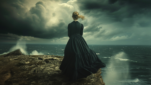 Emma on windswept cliff by the sea