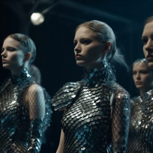 Models showcasing fish scale fashion