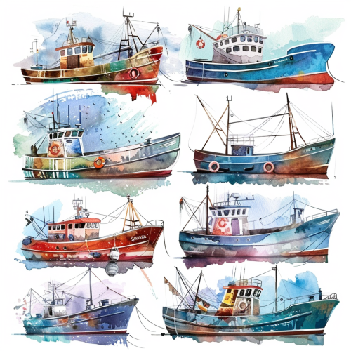 Fishing Boats Clipart Watercolor Set