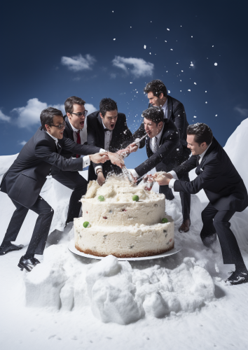Five businessmen fighting over a mint-cake in the snow