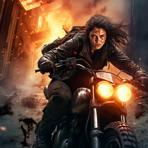 Fleeing Female Villain on Motorcycle
