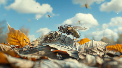 Two flies on leaves sunny day