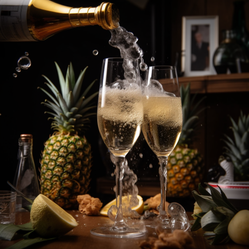 Champagne glasses with floating pineapple