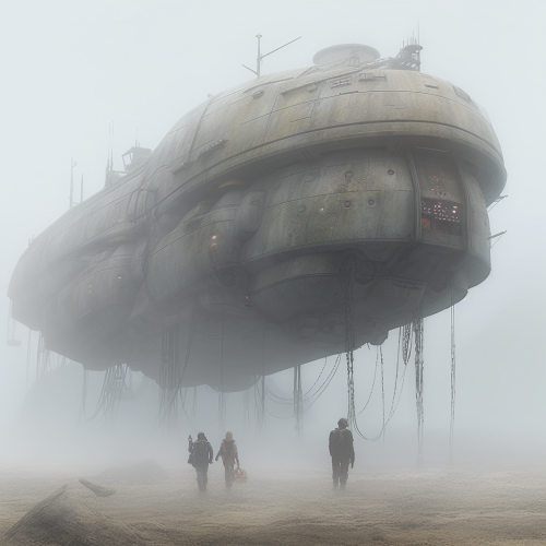 Foggy gray enemy ship floating in the air Foggy gray enemy ship floating in the air