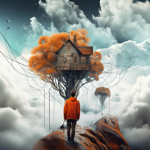 Man in raincoat looking up at floating island house