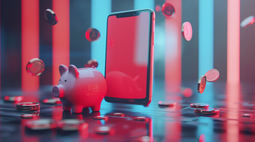 Floating red phone with piggy bank Floating red phone with piggy bank