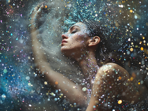 Woman covered in glitter floating in space