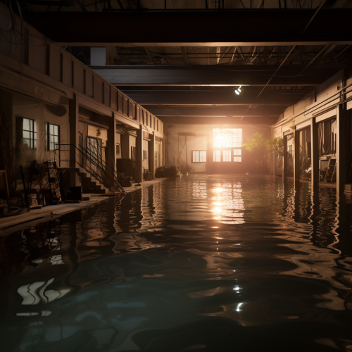 Flooded life-size house with artificial lighting Flooded life-size house with artificial lighting