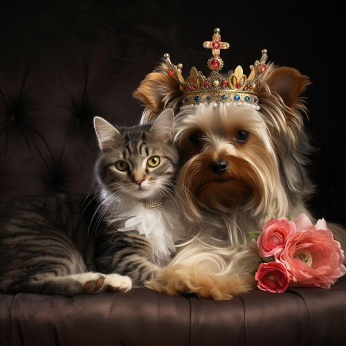 Cute Yorkshire Terrier and Persian Kitten With Flower Crowns Cute Yorkshire Terrier and Persian Kitten With Flower Crowns