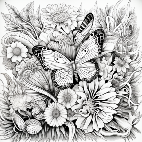 Coloring page with flowers and caterpillars