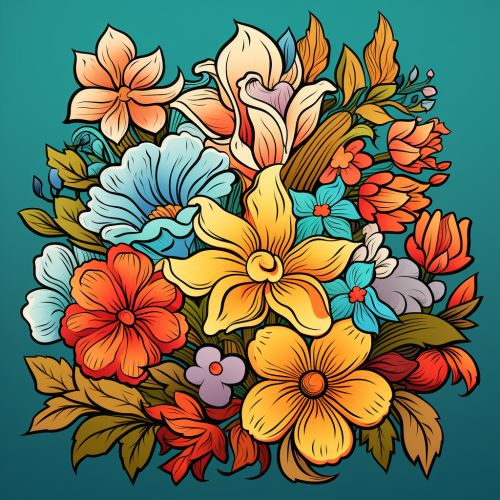 Colorful flowers and leafs coloring page