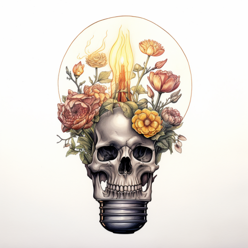 Blooming flowers inside a lightbulb with roots and a skull