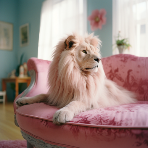 Adorable fluffy pink lion in pastel room