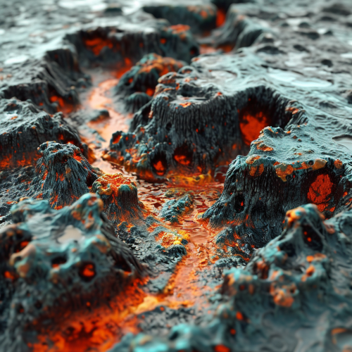 Viscous aqua fluid emulsion on molten lava terrain