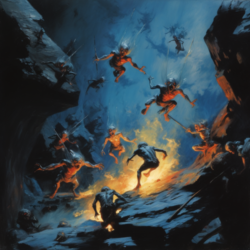 Swarming fire goblins surround distressed blue naiad