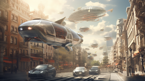 Flying car in cityscape Flying car in cityscape