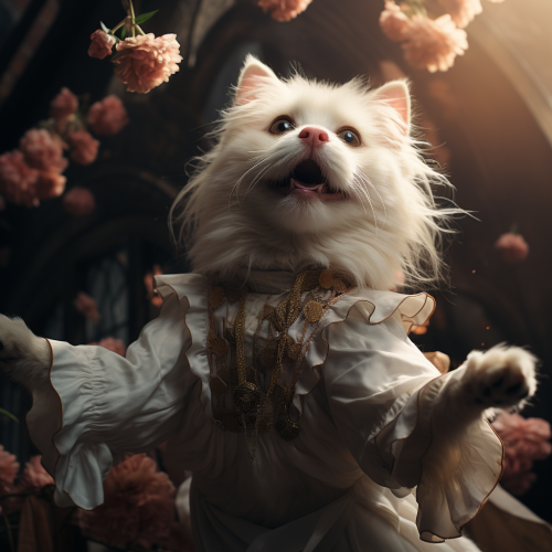 Adorable cat flying above graceful ballerina dog