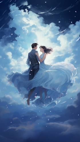 Couple holding hands and flying under moonlit sky