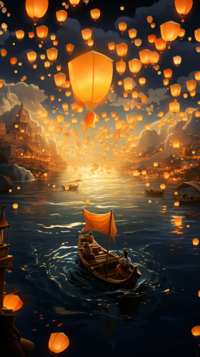 Swimming Lanterns in a Nighttime Ocean